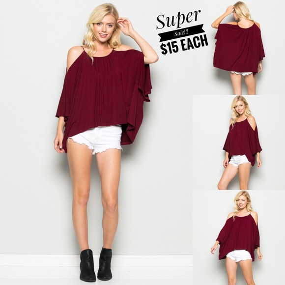 Tops - Cold Shoulder Gathered Top Merlot